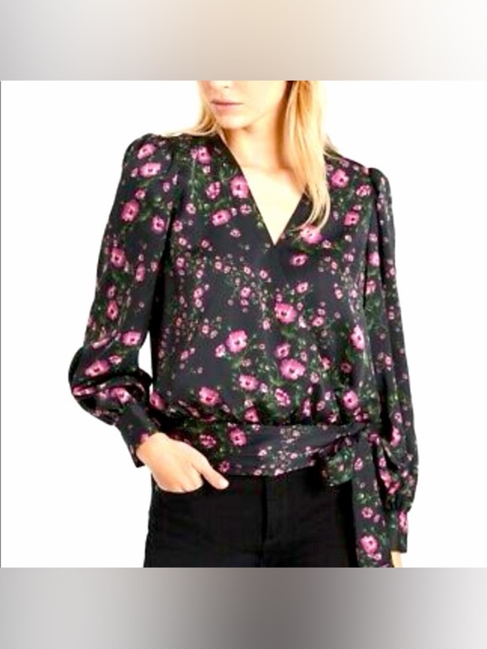 Banana Republic Black Floral V-Neck Blouse with Pink Flowers